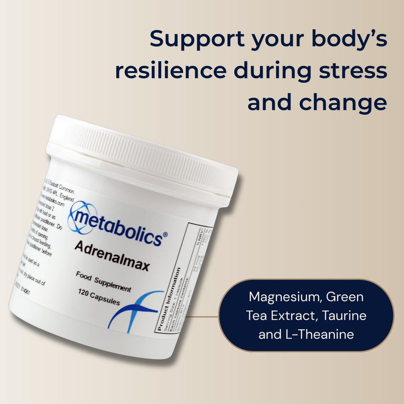 Metabolics Adrenalmax 120 Capsules, Adrenal & Stress Supplement with Calming L Theanine, Betaine, Magnesium, Olive Leaf & Green Tea Extract- Support for Healthy Adrenal Gland Function