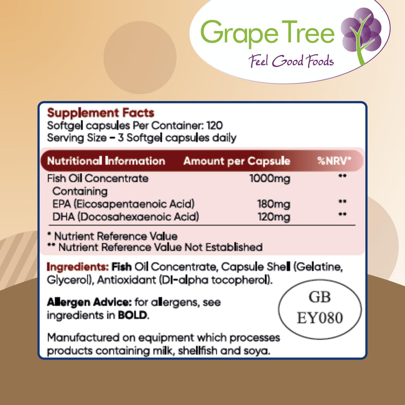 Grape Tree Omega 3 Fish Oil 1000mg 240 Softgels. 4 Month Supply. EPA & DHA Omega-3 Fatty Acids. Fish Oil Capsules Made in the UK. Gluten & Lactose Free 120 count (Pack of 1)