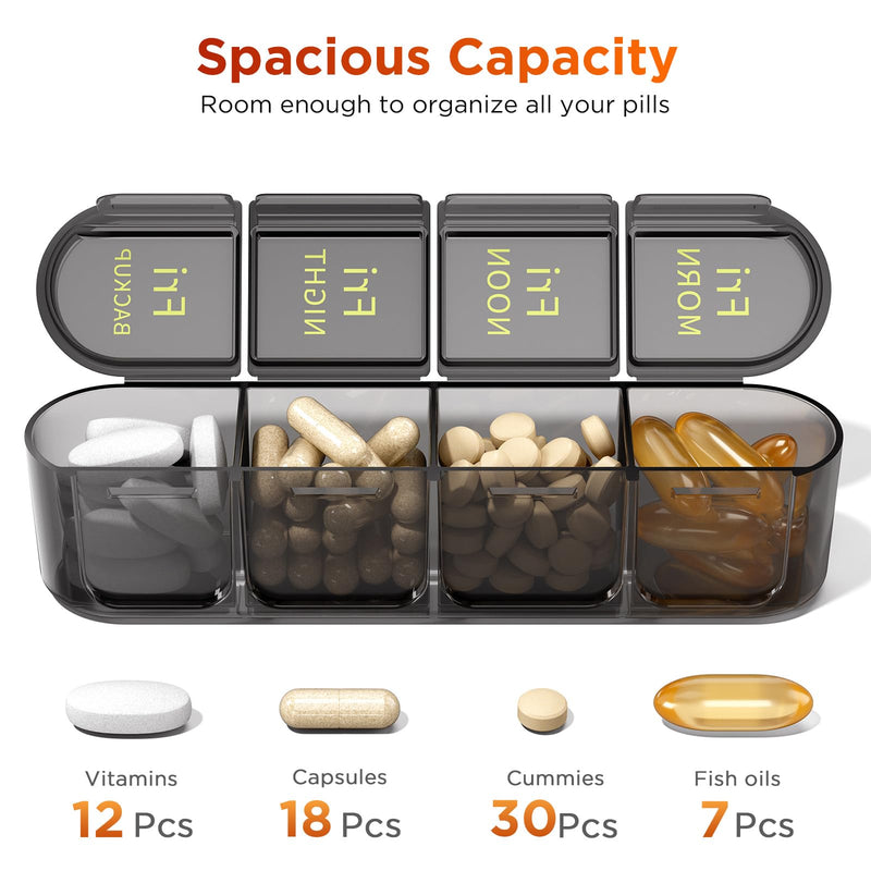 Daviky Pill Organizer 4 Times a Day - Easy-Open Travel Pill Box | Large Weekly Medicine Pill Organizer、Ultimate Durability — 6+7 Years、Travel Pill Box with Big Compartments Black