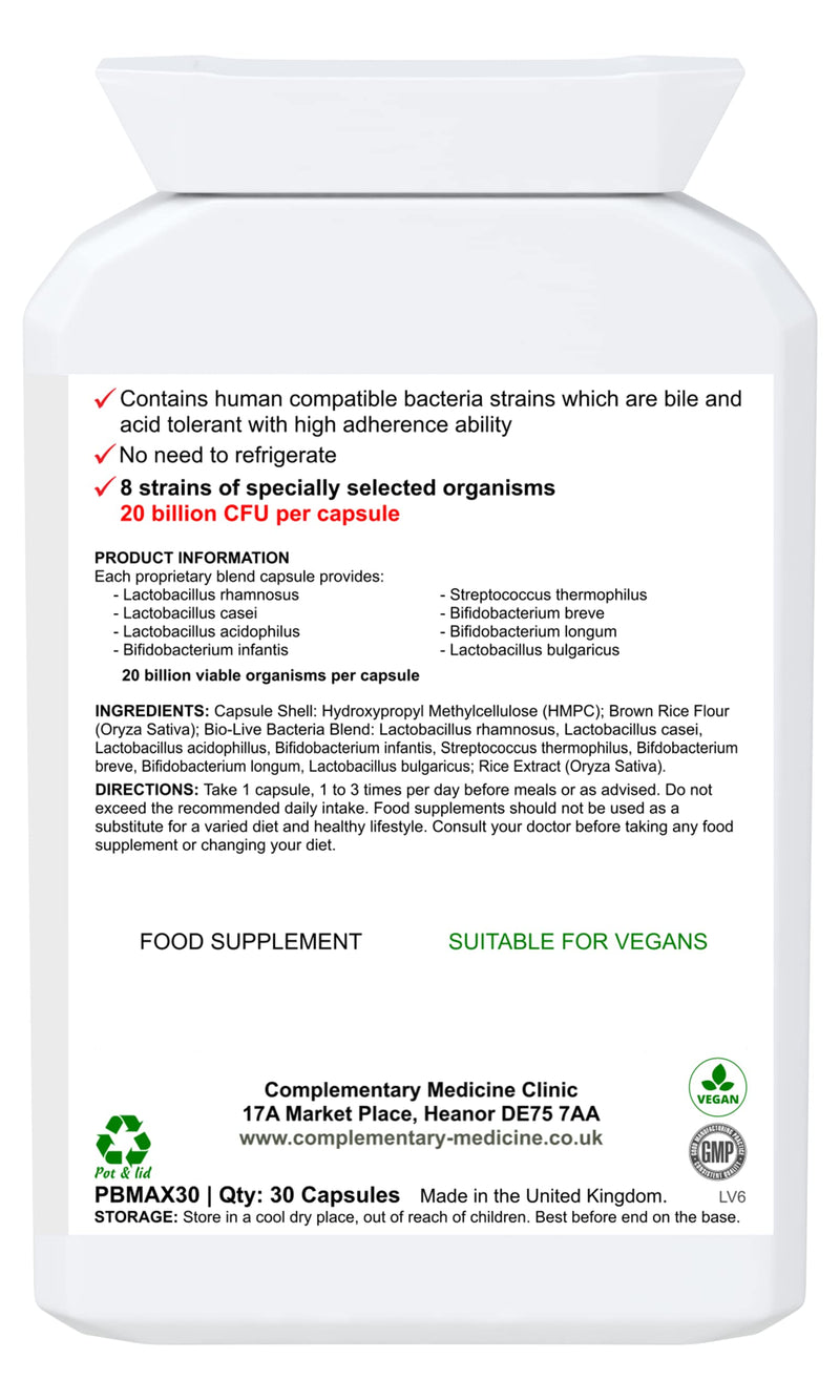 BIOTIC Complex+ 20 Billion CFU Probiotic – 8 Strain Practitioner Strength Gut Support – Acid & Bile Resistant – Vegan Capsules – 30 Count