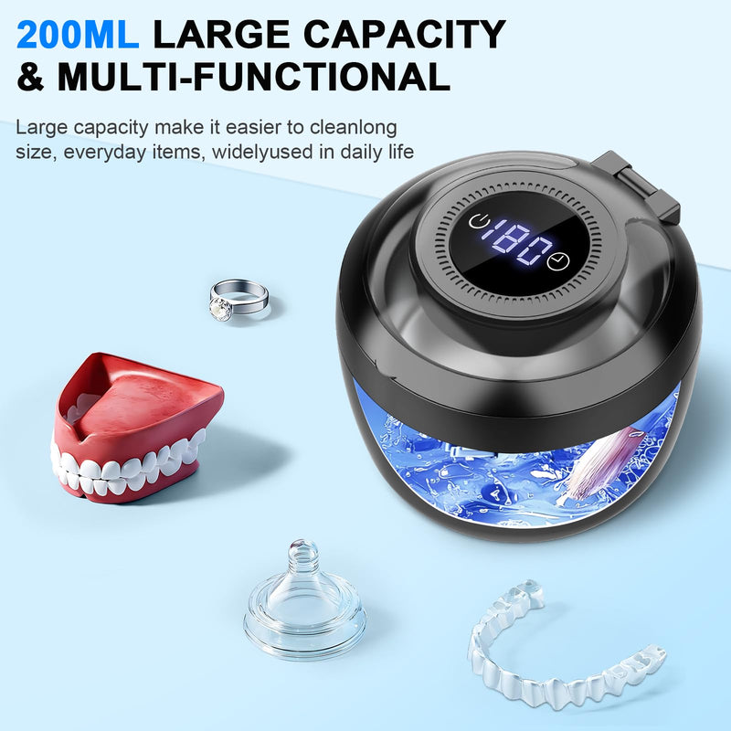 [Australia] - 45kHz Ultrasonic Retainer Cleaner Machine, 200ML Denture Cleaner, 4 Modes with Digital Timer Mouth Guard Cleaner, Night Guard Cleaner Dental Cleaning Pod for Aligner, Braces, Jewelry (Dark Black) 