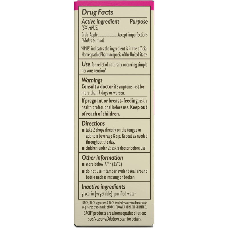 [Australia] - Bach Original Flower Remedies, Crab Apple for Accepting Imperfections (Non-Alcohol Formula), Natural Homeopathic Flower Essence, Holistic Wellness and Stress Relief, Vegan, 10mL Dropper 