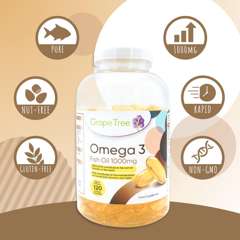 Grape Tree Omega 3 Fish Oil 1000mg 240 Softgels. 4 Month Supply. EPA & DHA Omega-3 Fatty Acids. Fish Oil Capsules Made in the UK. Gluten & Lactose Free 120 count (Pack of 1)