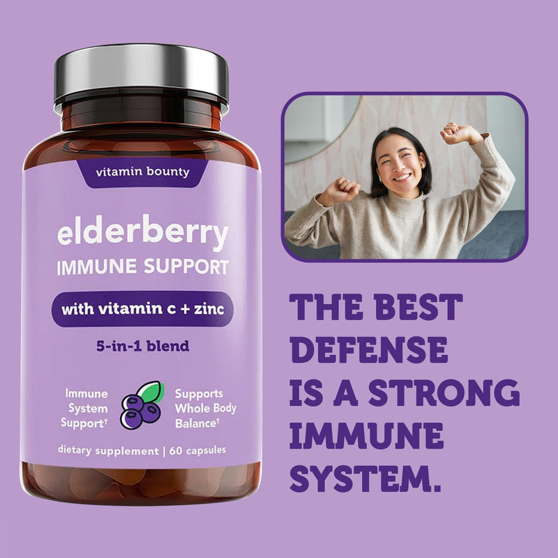 Vitamin Bounty Elderberry Immune Support - with Zinc, Vitamin C & Echinacea, Advanced 5-in-1 Blend, Powerful Antioxidant, Supports Whole Body Balance, Non-GMO - 60 Capsules, 2 Pack 60 Count (Pack of 2)