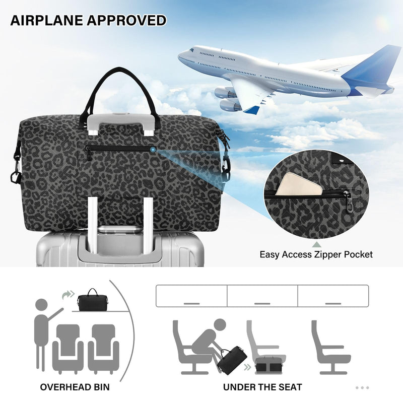 Large Travel Duffel Bag Sports Tote Gym Bag Overnight Weekender Bags Dark Gray Leopard Cheetah Print Carry On Luggage with Toiletry Bags