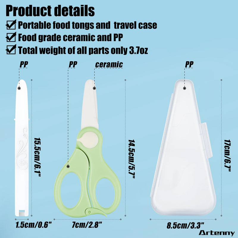 [Australia] - Baby Food Scissors with Travel Case and Tongs Set, Fully Detachable Ceramic Kids Food Scissors with Safety Lock, Dishwasher Safe, Ideal for Noodles, Meats, Vegetables, Pizza and Fruits (A) Green 