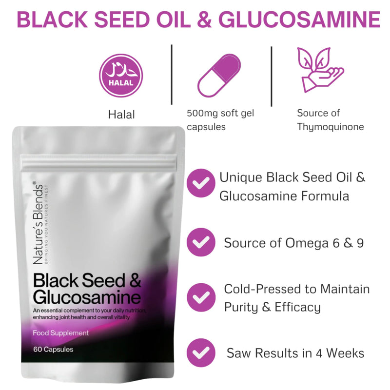 Nature’s Blends Black Seed Oil Capsules 500mg - Cold Pressed Nigella Sativa Capsules with Glucosamine – High Strength Omega 6 & 9 for Immune Support, Hair & Joint Health – 60 Softgels