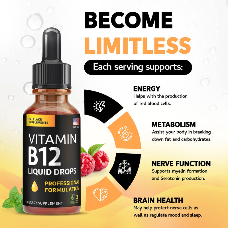 Vitamin B12 Liquid Drops - 60 x 5000 mcg Vegan B12 Sublingual | Extra Strength Raspberry Flavored Methylcobalamin B-12 Supplement Designed to Maximize Absorption & Energy, Gluten Free