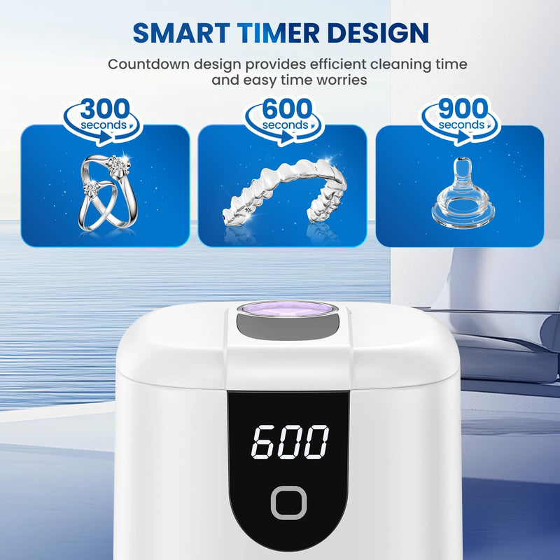 [Australia] - 45kHz Ultrasonic Retainer Denture Cleaner Machine, Fast Cleaning for Aligners, Mouth Guards, Braces, Toothbrush Heads & Jewelry, 200ML Dental Cleaning Pod, 4 Modes & Digital Timer (White) White 