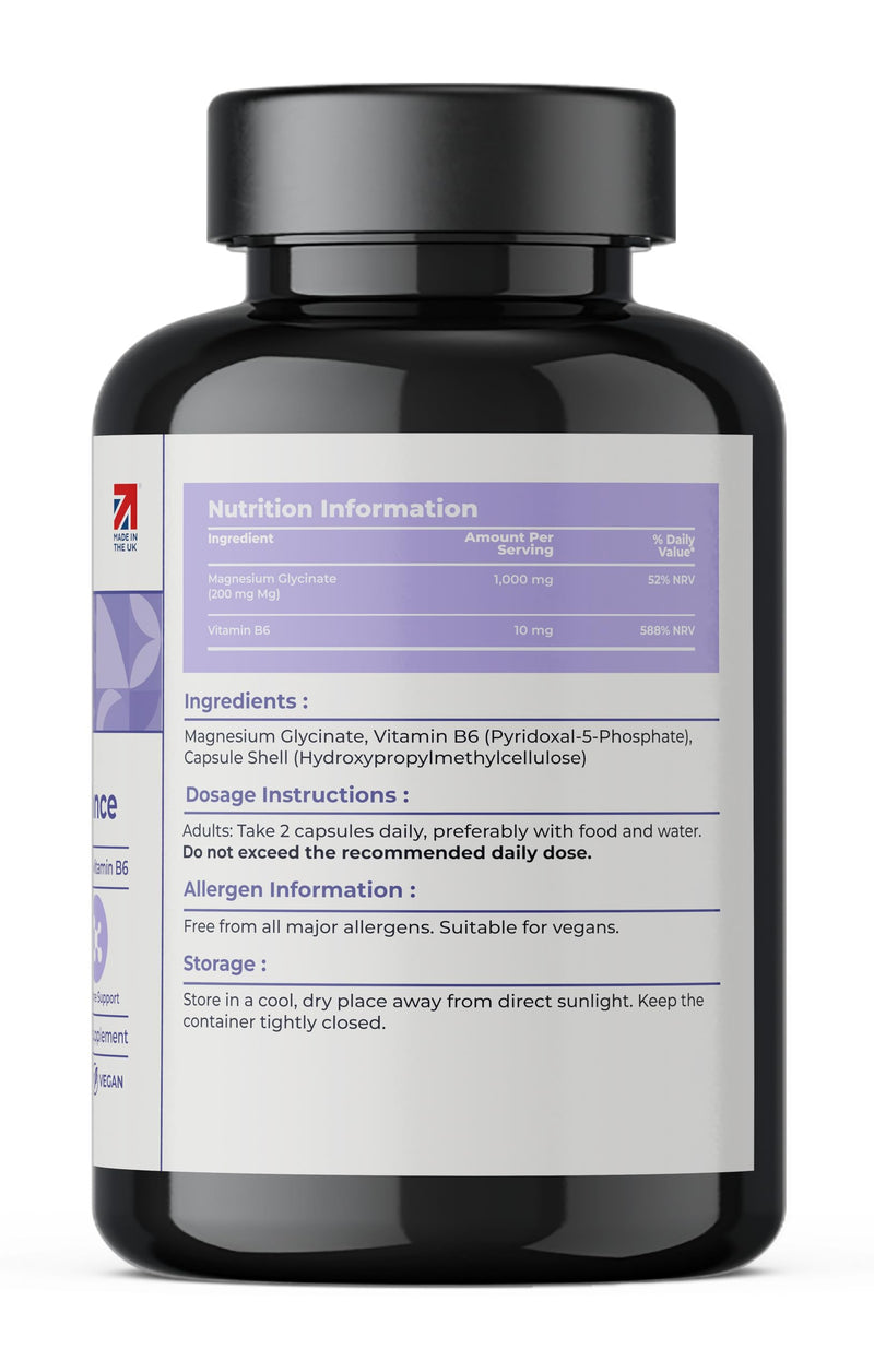 Magnesium Glycinate | Vitamin B6 | 200mg - 120 Capsules & 2 Month Supply | Chelated Absorption | Support Energy Metabolism | Made in UK | Non GMO | Vegan | Gluten Free