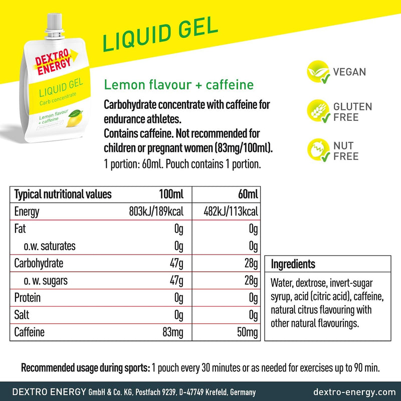 Dextro Energy Lemon Energy Gel | Non-Sticky Fast Acting Drinkable Liquid Energy | a Quick Burst of Glucose with Caffeine | 28g of Carbohydrates | for Running or Cycling | Vegan I Pack of 12 Lemon and Caffeine Energy Gel