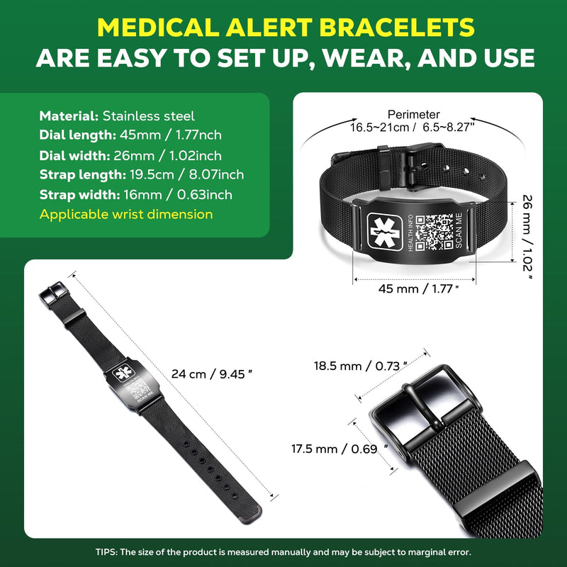 [Australia] - Upgraded Medical Bracelets Men Women with QR Code Medical Alert ID Bracelets - Titanium Steel Wristband Fits Wrists Up 8''-10'' - More Space Custom Emergency Medical ID Info 9.84'' Stainless Steel Mesh Watch Band - Black 