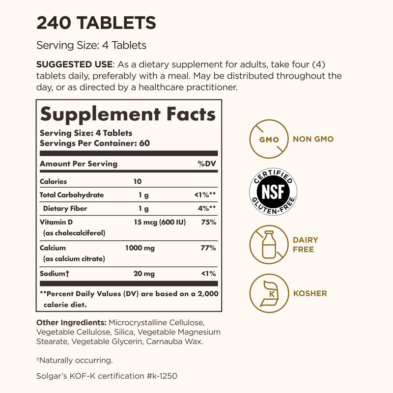 Solgar Calcium Citrate with Vitamin D3, 240 Tablets - 60 Servings | Promotes Healthy Bones & Teeth, Supports Musculoskeletal & Nervous Systems, Non-GMO, Gluten-Free, Dairy Free, Kosher