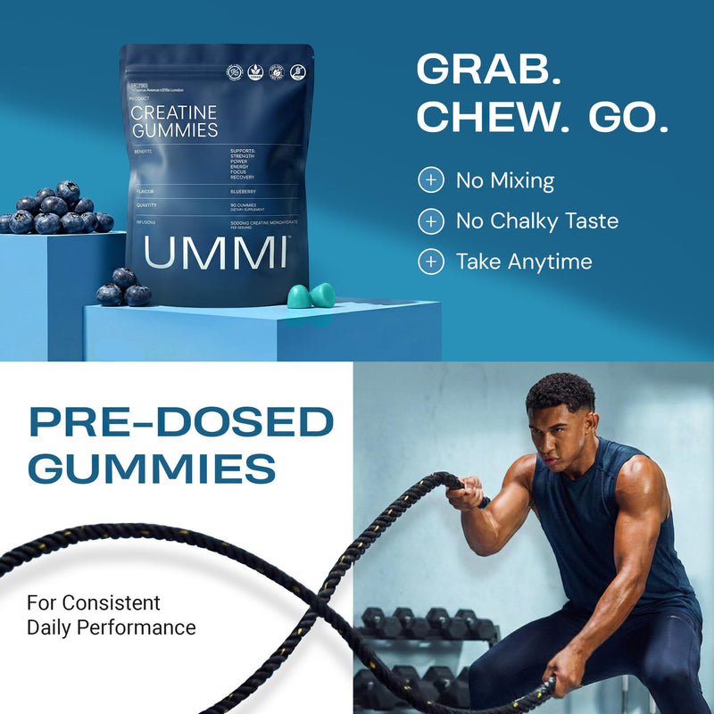 UMMI Creatine Gummies – Helps Support Physical Performance, Vegan & Sugar-Free with Betaine, B12 & Taurine - 5000mg Chewable Creatine Monohydrate Gummies for Men and Women - Blueberry Flavor, 90 Count