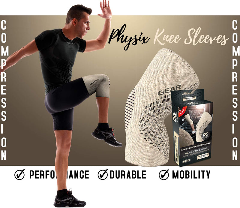 [Australia] - Physix Gear Knee Compression Sleeve for Men & Women - Best Compression Knee Brace for Walking, Running, Gym, Basketball, Weightlifting,Workout, Sports - Knee sleeves Support Compression & Stability M Beige/Black 