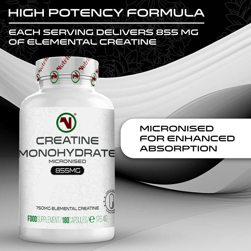 Creatine Monohydrate Capsules – Pre Workout & Post Workout Supplement for Muscle Performance & Recovery – 750mg Elemental Creatine Per Capsule – 4 Per Day. (Capsules x 180)