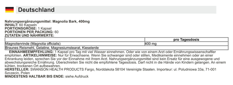 [Australia] - Swanson - Full Spectrum Magnolia Bark 400 mg | Natural relaxation and well-being - 60 capsules 
