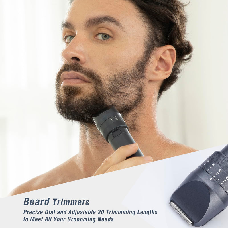 [Australia] - Beard Trimmers Kit for Men Precise Dial Adjustable 20 Lengths, 5-IN-1 Electric Shavers and Hair Clippers Set - Body Nose Ear Mustache Hair Trimmers Razors Waterproof Wet/Dry - USB-C Charging Dock Blue 