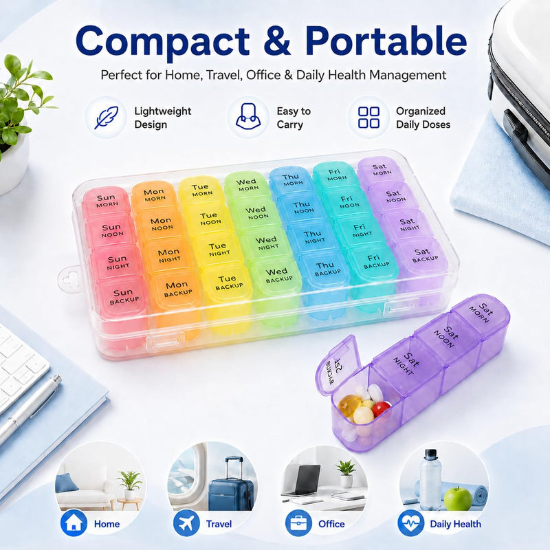 Weekly Pill Organizer 4 Times a Day with Pill Cutter, BPA-Free 7 Day Pill Box and Tablet Cutter Set, Large 28-Compartment Medicine Organizer for Vitamins, Supplements, Fish Oil and Travel Multicolor 1 PACK