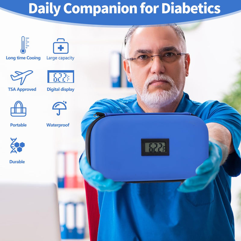 [Australia] - 24h Insulin Cooler Travel Case TSA Approved Refrigerated Medicine Cooler for Travel w/Thermometer Temperature Display Diabetic Travel Case Bag w/2 Reusable Ice Packs for Daily Life Trip Blue 