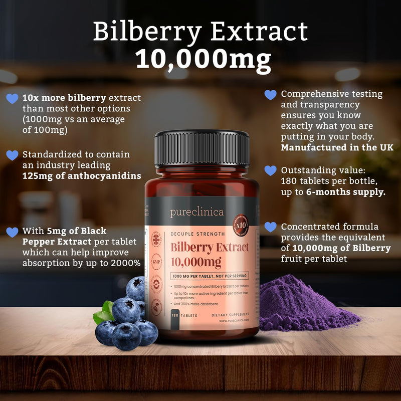 Pureclinica Bilberry Extract 1000mg (10:1) per Tablet – with Black Pepper Extract – 180 Tablets – High Strength – 6 Month Supply 180 count (Pack of 1)
