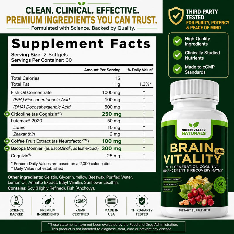 Green Valley Naturals Brain Vitality Plus™ Brain Health Supplement | 60 Softgels, Cognizin® Citicoline, Bacopa Monnieri, DHA Omega-3, Memory, Focus & Mental Clarity Support