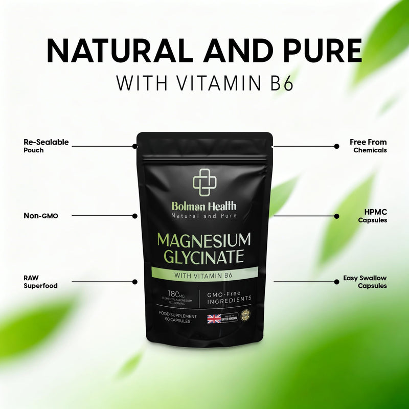 Magnesium Glycinate with Vitamin B6 | 180mg Elemental Magnesium Per Serving | Supports Muscle, Nerve & Energy Function | 60 Vegan HPMC Capsules | Non-GMO | Gluten-Free Magnesium Supplement