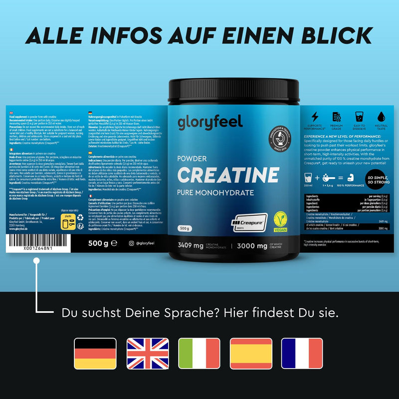[Australia] - Creatine monohydrate 500g (Creapure®) - 99.99% pure micronized powder - 146 portions of creatine monohydrate - premium raw material from Germany - laboratory tested and made in Germany 