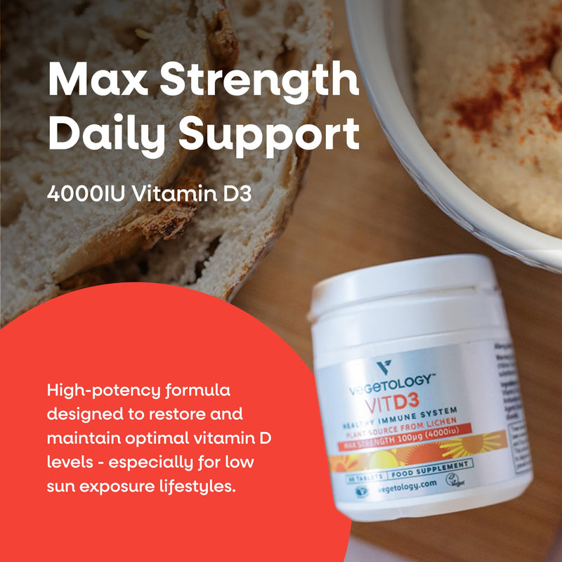 Vegetology Vegan Vitamin D3 High Strength 4000 IU Vitamin D Tablets - Chewable Plant-Based Supplement - Bone, Muscle & Immune Support - 60 Tablets