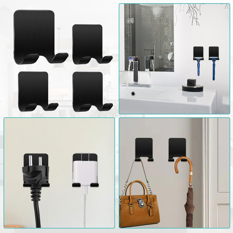 [Australia] - Herbst Pack of 4 Razor Holder Shower, Stainless Steel Razor Holder Shower No Drilling Self-Adhesive Razor Holder, Toothbrush Holder Adhesive Hook Wall Hook for Door Wall Kitchen Bathroom (Black) Black Stainless Steel 