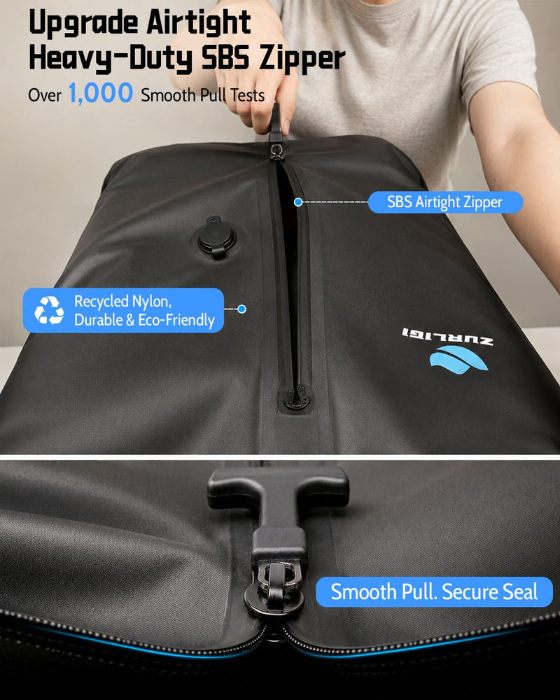 Zurligi Travel Vacuum Bag with Pump, Airtight Zipper and Shoulder Strap | Waterproof Anti-Rip Durable Nylon-TPU Bag with Airtight Heavy-Duty Zipper for Travel, Moving, Gym, Beach, and Home Storage 1-Pack, Black