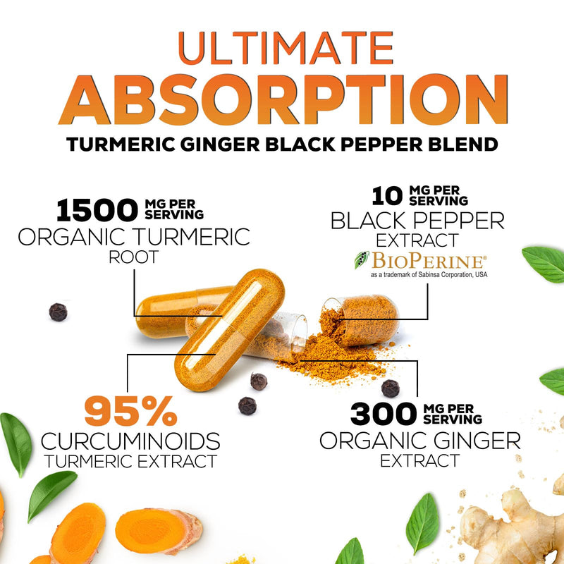 Turmeric Curcumin Supplement - 95% Curcuminoids with Organic Turmeric & Ginger, BioPerine Black Pepper Extract for Best Absorption, Natural Vegan Joint Support, Non-GMO, Bottled in USA - 240 Capsules 240 Count (Pack of 1)