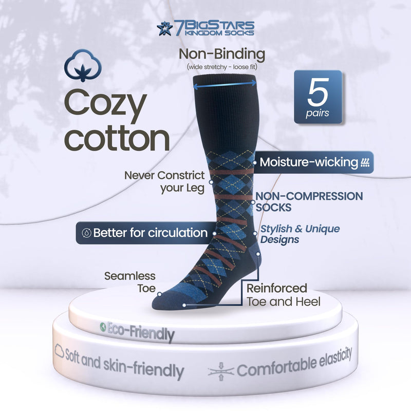 [Australia] - 7BigStars Men Diabetic Loose Dress Business Cotton Mid Calf Socks - 5 Pack Large - Geometric, Argyle, Stripe - Sock Size 10-13 Shoe Size 9-12 L Dark Navy, Denim Blue Dark Navy, Denim Blue (A098) 