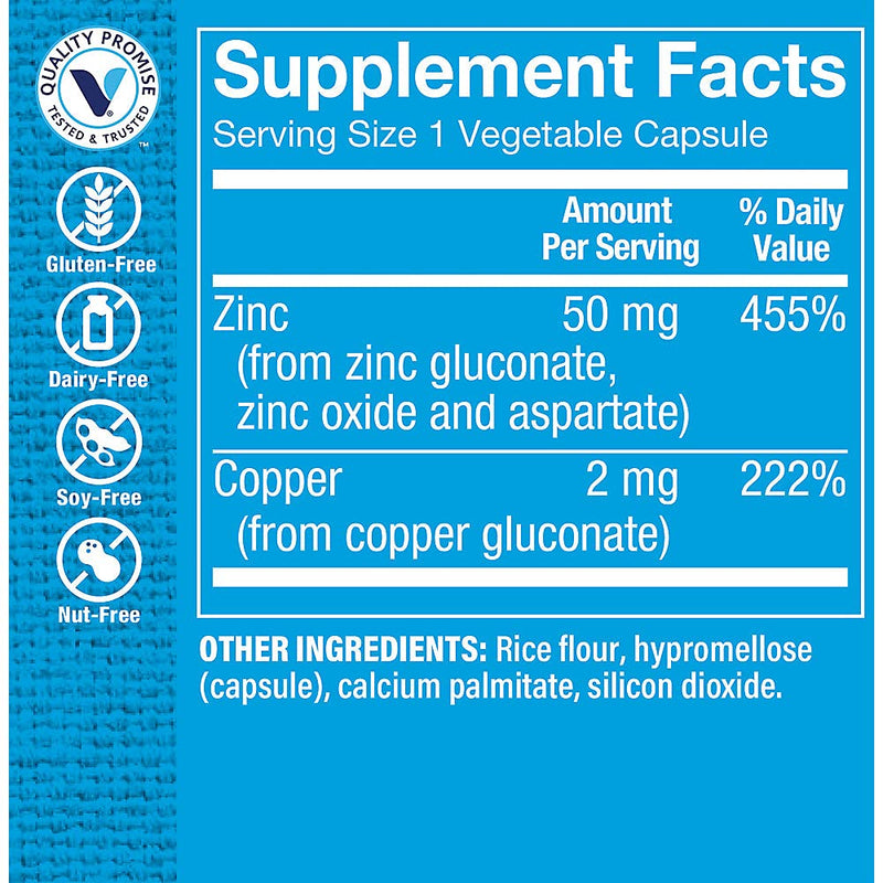 The Vitamin Shoppe Zinc 50 MG with Copper Supplement, 100 Capsules | Essential Trace Minerals to Support Iron Metabolism, Antioxidant Function & Immune Health