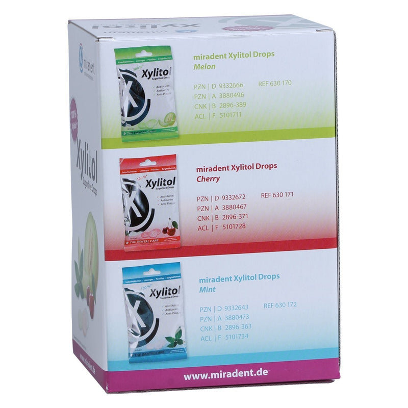 [Australia] - miradent Xylitol Drops bulk box 100 pieces | 3 flavors | vegan xylitol dental care lollipops for children & adults | without aspartame, sorbitol, lactose, titanium dioxide | sugar free 