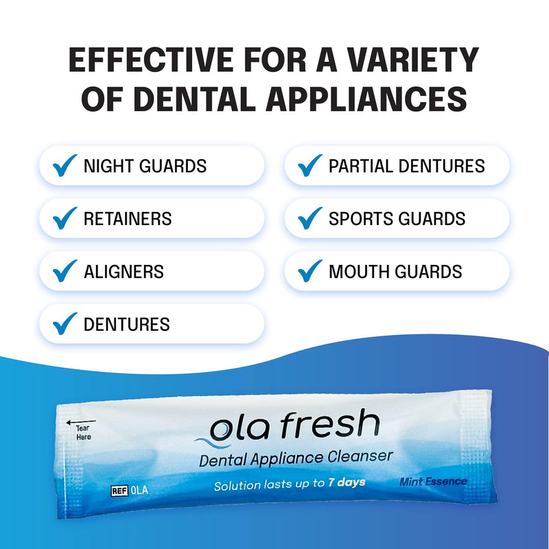 Ola Fresh Dental Appliance Cleanser, Professional Denture and Retainer Powder Cleanser (Mint Essence Flavor, 24 Packets, 3 Month Supply) ~3 Month Supply