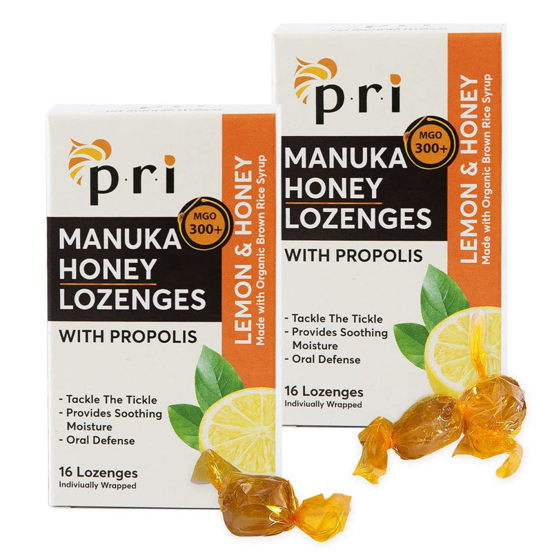 [Australia] - P.R.I Manuka Honey Lozenges with Propolis, Soothing Cough and Throat Drops, MGO 300+ Certified, (Lemon, 16 Count/2 Pack) Lemon 2-Pack 