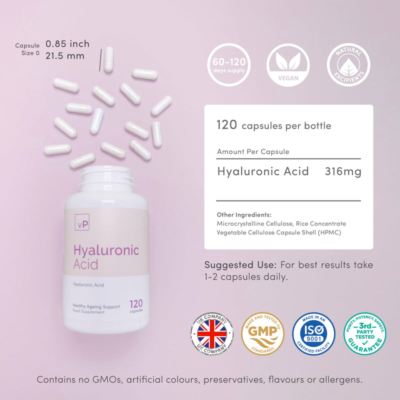 vP Vitality Pro Hyaluronic Acid 316mg x 120 Capsules | Third Party Tested, Over 98.4% Purity, High Molecular Weight Supplement