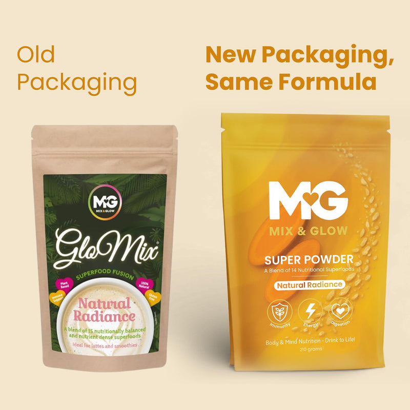 Mix & Glow Super Powder | 14 Advanced Superfoods, Prebiotic Herbs, Greens and Adaptogens Including Turmeric, MCT Oil & Cacao | Vegan & Gluten Free | 30 Servings | Natural Radiance