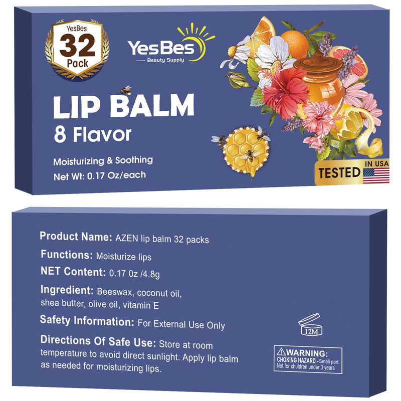 YesBes 32 Pack Lip Balm, Natural Lip Balm Bulk with Vitamin E and Coconut Oil, Moisturizing Lip Balms for Dry Cracked Lips, Lip Balms for Mothers Day Gifts Stocking Stuffers - 8 Flavors C-32P