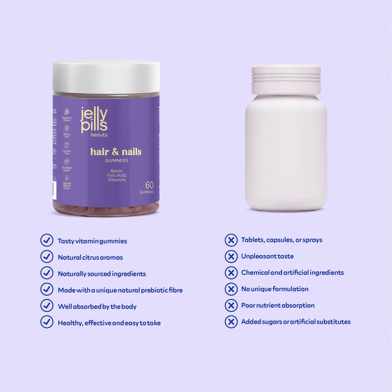 Jelly Pills® Gummies with Biotin 5000 mcg, Folic Acid and 7 Vitamins - No Added Sugars - 60 Raspberry Flavoured Vegan Gummies to Reduce Hair Loss - Hair and Nails