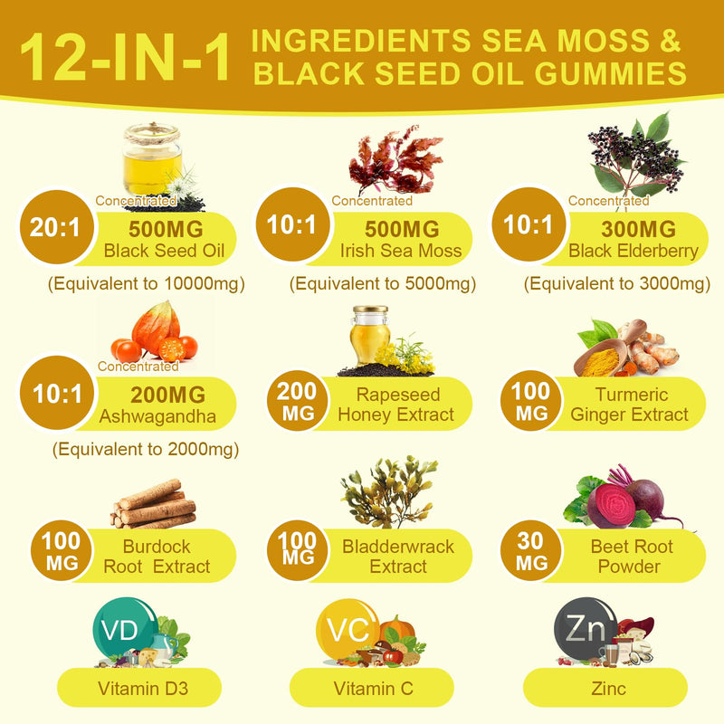 [Australia] - Black Seed Oil & Sea Moss Gummies, 2Pack Irish Sea Moss Gummies with Black Seed Oil, Ashwagandha Extract, Elderberry, Turmeric, Vitamin C, Vitamin D3 - Immune Support, Joints, Digestion, Hair & Skin 120 Count (Pack of 1) 