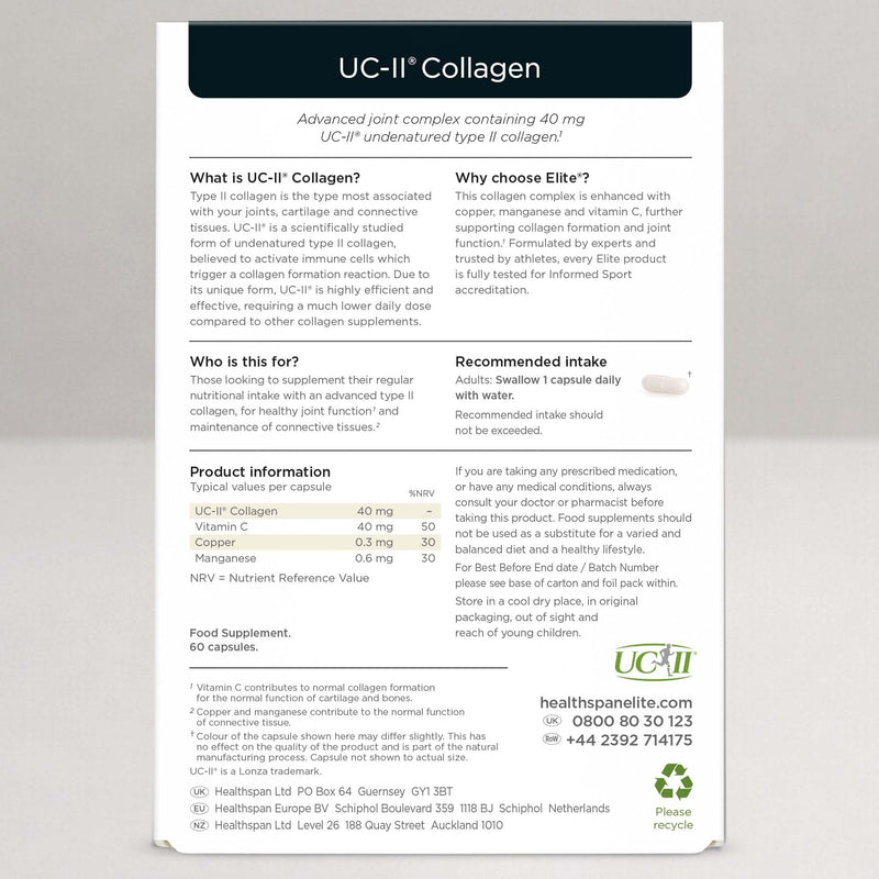Healthspan Elite UC-II® Collagen (60 Tablets) | Contributes to Normal Collagen Formation | Supports Joint Function and Tendon & Ligament Support | Effective Daily dose at just 40 mg UC-II