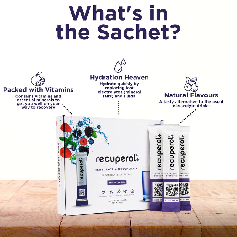 Recuperol Electrolytes Sachets - Rehydration Electrolytes Powder with Zinc, Vitamin C, B12, D3 & Potassium for Hydration - Sugar Free, Vegan & Low Calorie - Mixed Berry 30 Pack