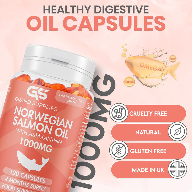 Norwegian Salmon Oil - 1000mg - 4 Months Supply - DHA,DPA,EPA & Astaxanthin - Omega 3 6 9 Capsules High Strength -Burpless Taste - 120 Days Supply