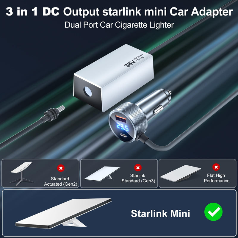 Starlink Mini Car Adapter, Car Charger 12V/24 to 36V Step Up Converter Starlink Accessories, 1M/3.2ft Mini Cigarette Lighter Adapter for RV Truck/RV/Car, USB-C 45W/USB-A 18W Dual Ports