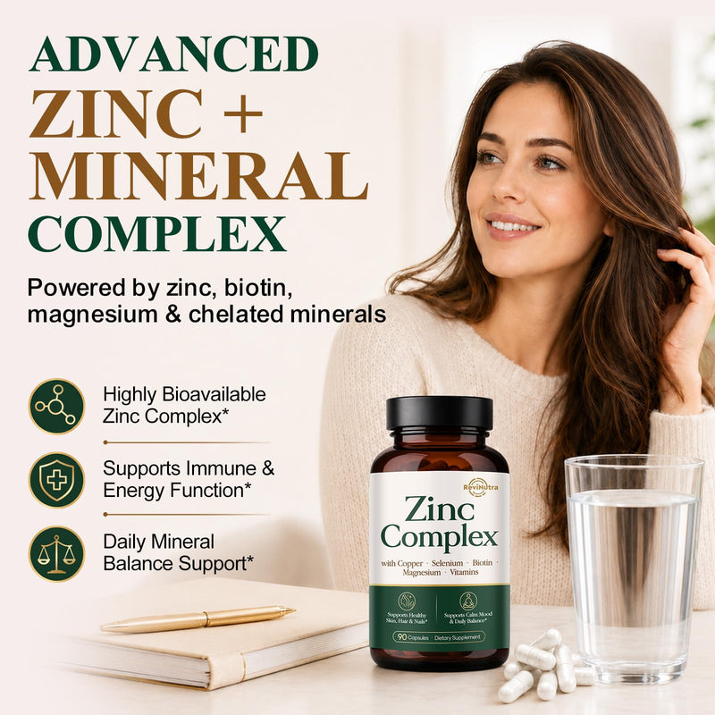 Zinc 30mg with Copper, Selenium, Magnesium, Vitamin C, D3, K2, B6, B12, Biotin & Folate - Chelated Zinc Complex for Women & Men - Immune, Hair, Skin, Nails & Daily Wellness Support - 90 Capsules