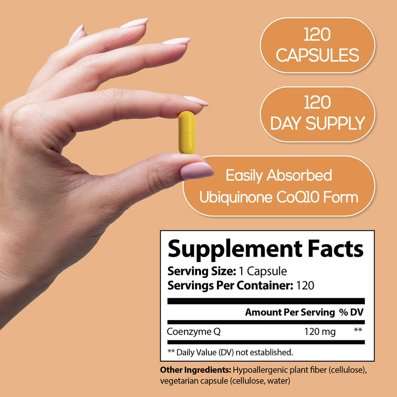 CoQ10 Capsules 120mg High Absorption Coenzyme Q10 - Heart & Energy Support 120 Capsules for 120 Day Supply - Made in USA, Lab Tested, Gluten Free