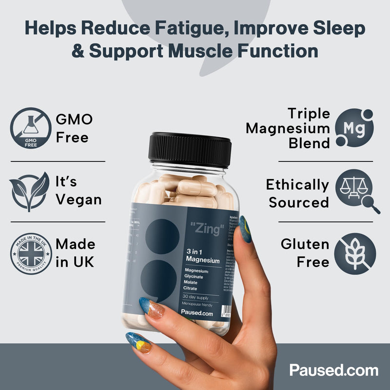 Paused Magnesium 3-in-1 Complex – 225mg Elemental Magnesium from Glycinate, Citrate & Malate – 60 Vegan Capsules – Magnesium for Energy, Muscles & Nervous System – Made in UK