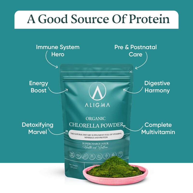 Aligma Organic Chlorella Powder 250g for Immune System Booster, Super Greens Powder, Natural Source of Vegan Protein, Minerals & Vitamins | Resealable Package